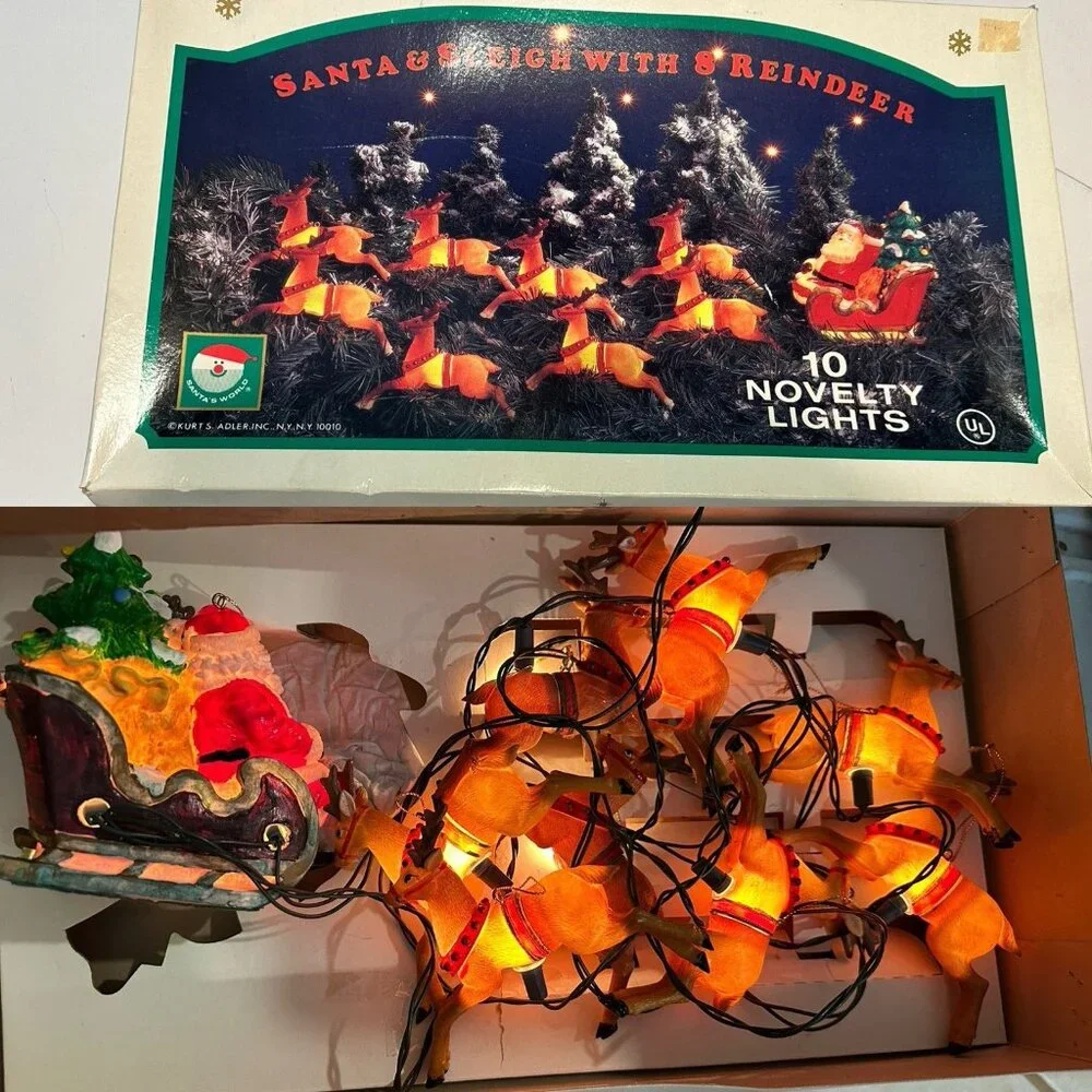 VTG Kurt Adler Santa Sleigh W/ 8 Reindeer 10 Novelty Christmas Lights + Box